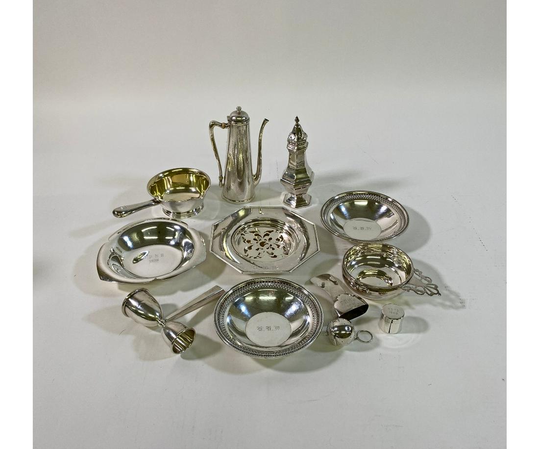 Sterling Silver Tableware: Sterling silver tableware to include a dish 9.75"dia and a small coffee pot 7"h etc.. 42 troy oz