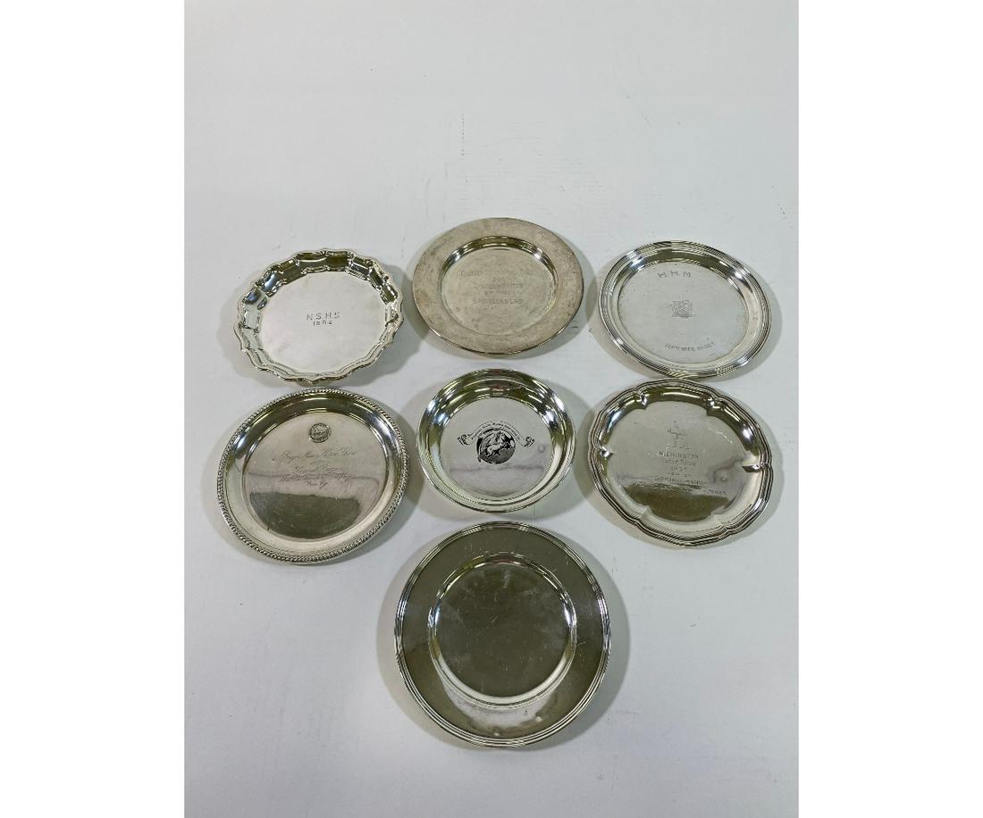 Sterling Silver Equine Trophy Dishes: Sterling silver equine trophy dishes from Radnor Hunt, American Horse Show Assoc., Chester County Horse Show, Bryn Mawr Horse Show and others, largest is 6"dia 21 total troy oz.
