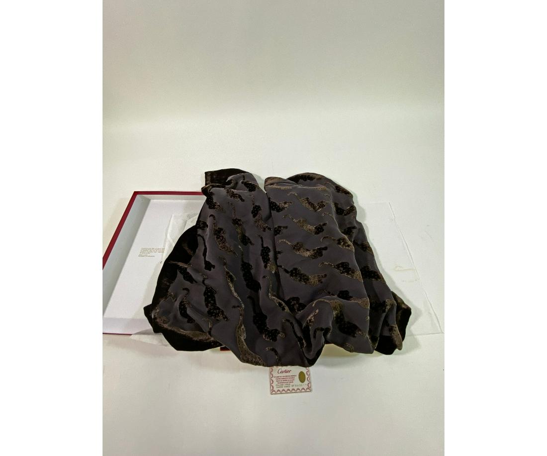 Cartier Panthere Silk & Velvet Wrap: Ladies Cartier brown 'Panther' silk and velvet wrap, purchased in 2005, with original box and certificate of authentication 71"l x 26"w
