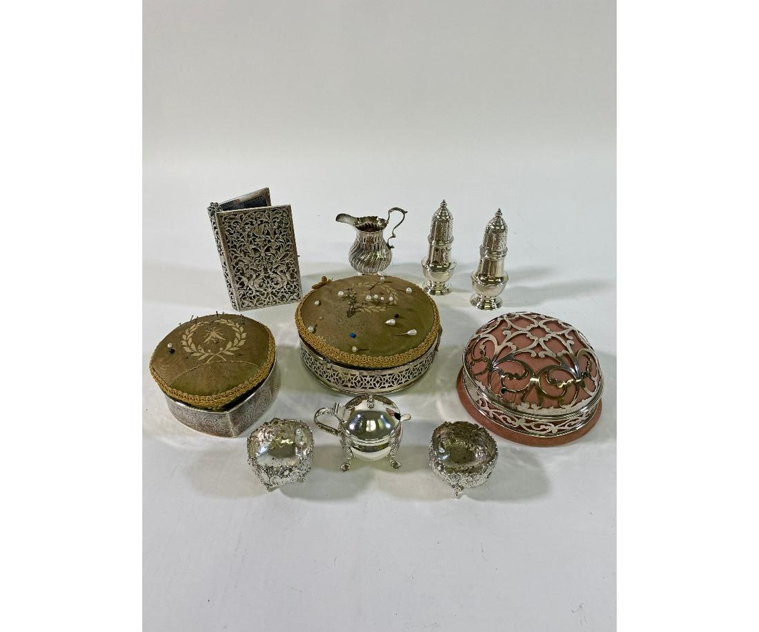 Georgian Silver Creamer etc.: Georgian silver creamer (4"h), a sterling silver book cover (5.25"h), sterling master salts, sterling heart-shaped pin cushion box; together with two round (5.25" dia) examples, one in poor condition 