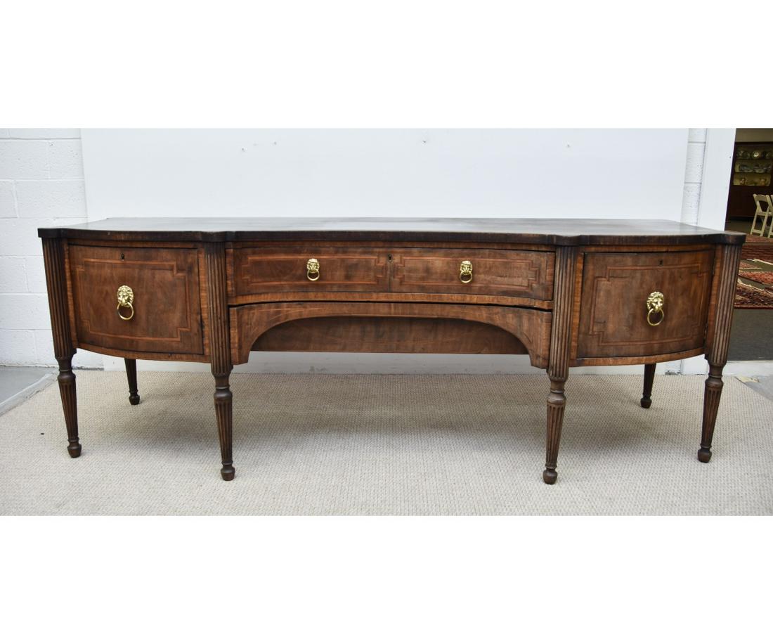 Monumental Mahogany Regency Sideboard: Monumental inlaid English Regency mahogany sideboard, early 19th c. each end with deep drawer, planking central section 2 drawers, turned and reeded columns and legs 34"h x 98.25"w x 32.75"d