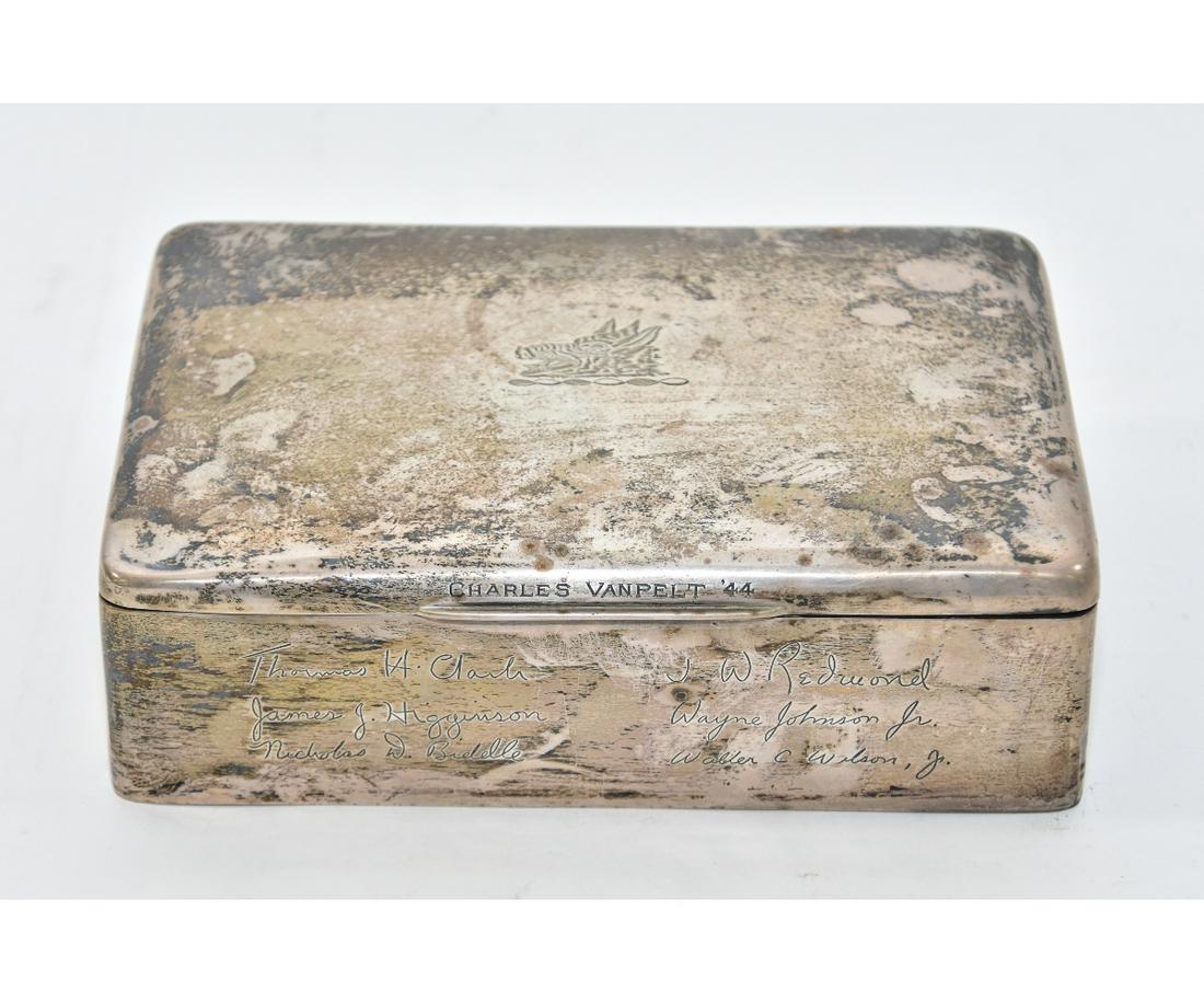 Sterling Silver Wood Lined Cigar Box: Sterling silver wood lined cigar box, inscribed Charles VanPelt '44 with ushers' signatures 2.5"h x 8.5"l x 6"w