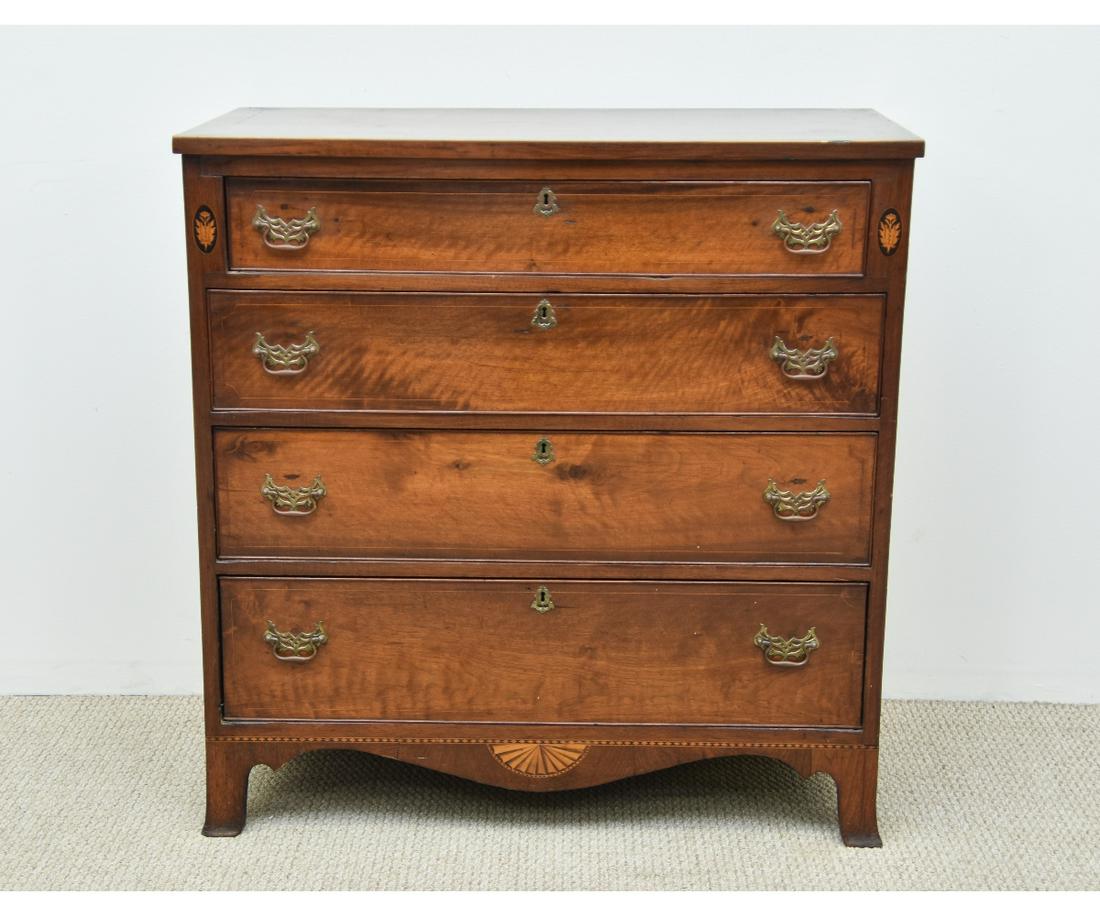 Pennsylvania Walnut Hepplewhite Chest: Western Pennsylvania inlaid walnut Hepplewhite chest of drawers, late 18th c. with rectangular top over four beaded graduated drawers, top drawer flanked by oval floral inlay, scalloped apron with hal