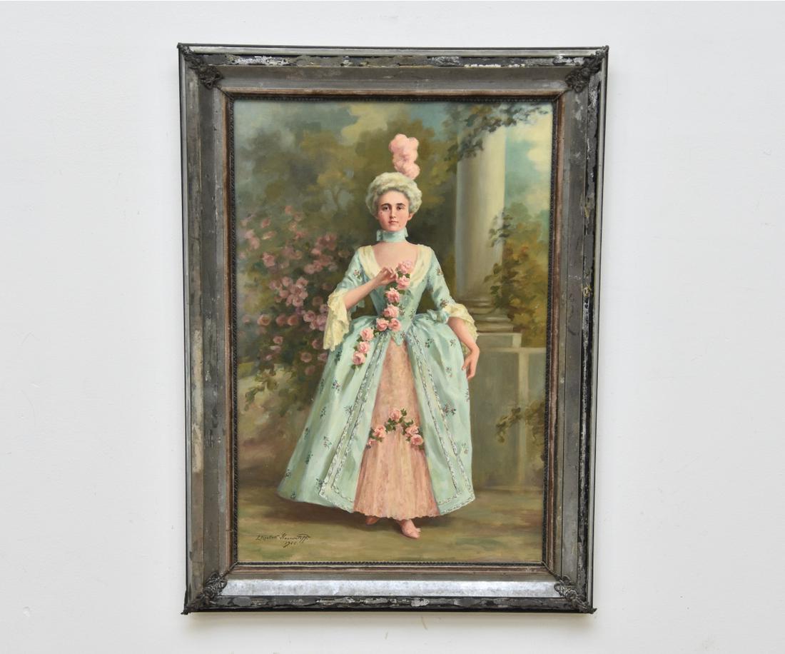 Oil on Canvas Portrait Daisy Post: Oil on canvas portrait signed verso 'Daisy Post at the Bradley Martin Ball Feb 10, 1887' and "For James H. Van Alen" signed Elizabeth Thou_? 1960 30" x 20" sight size / 36" x 26" overall