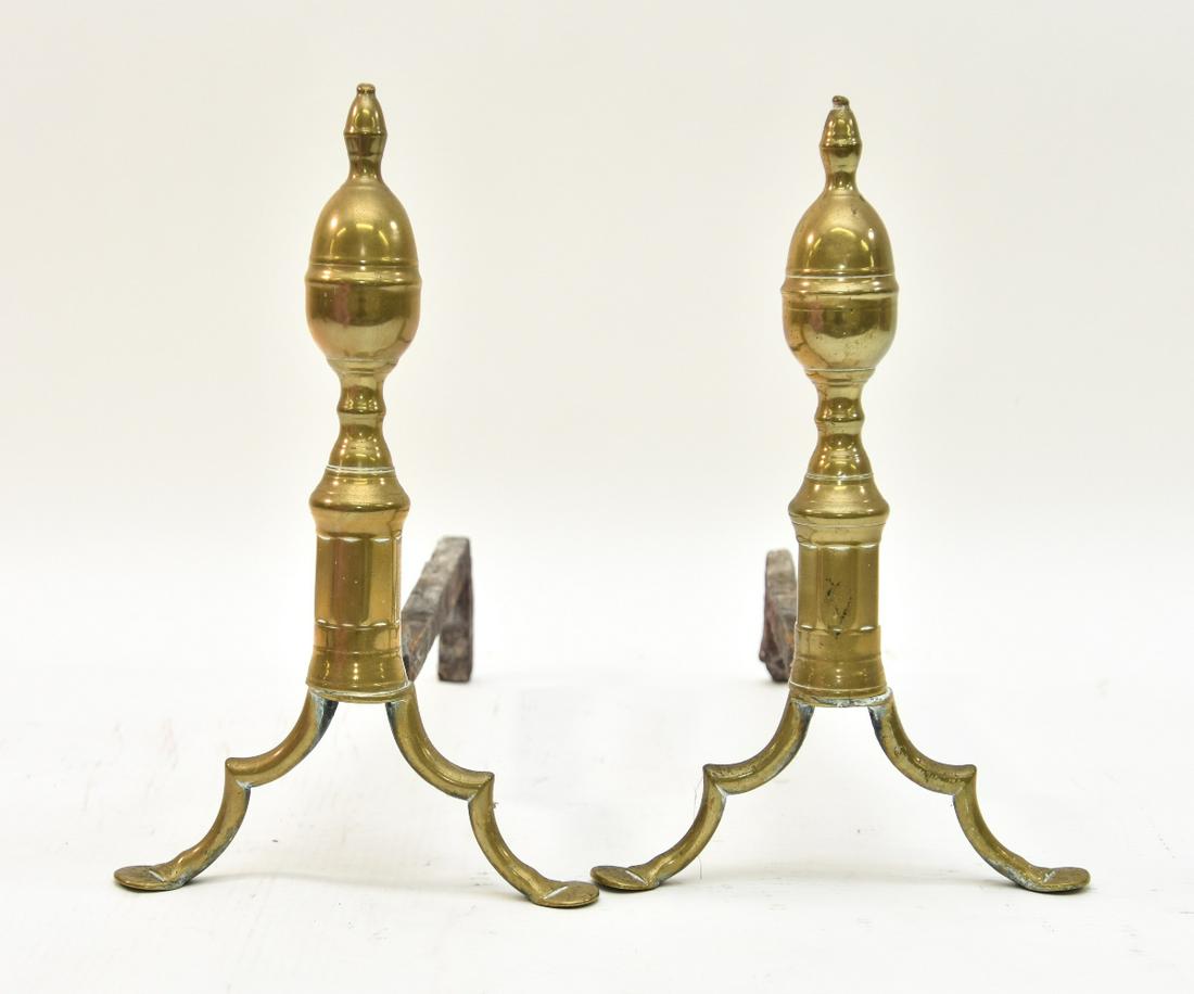 Pair of Brass Lemon Top Andirons: Pair of brass lemon top andirons, circa 1780 with penny feet 14"h x 9.5"w x 19.5"d