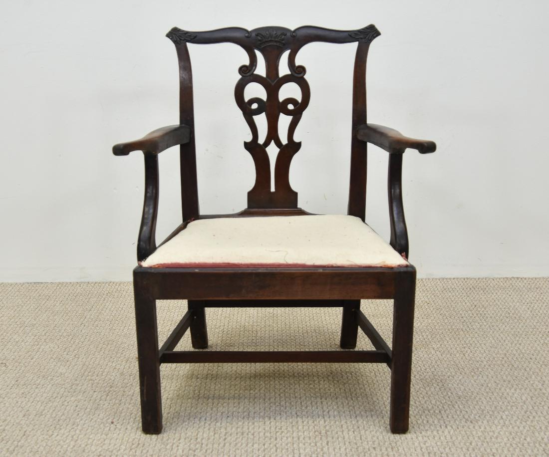Chippendale Open Armchair: Chippendale mahogany open armchair, circa 1780 with slip seat 38.75"h X 23.75"w X 19"d / seat height = 17.5"