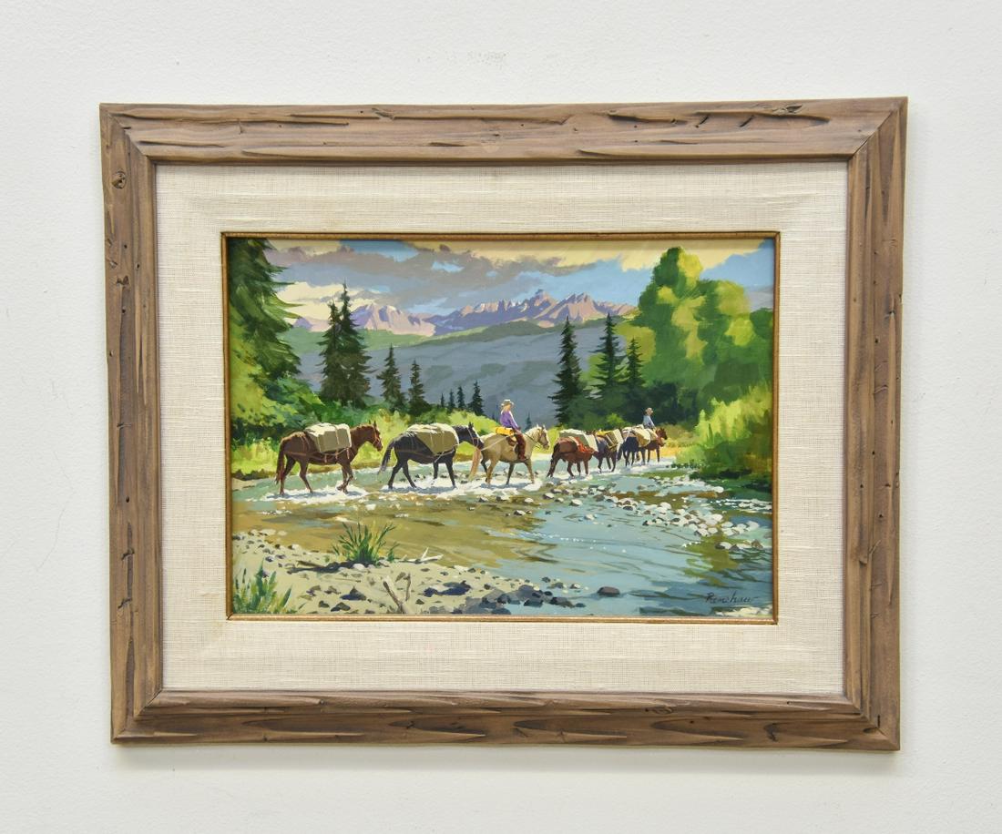 Arthur Renshaw Acrylic Landscape: Arthur Renshaw acrylic on masonite landscape painting of pack horses, probably Wyoming, in a wood frame 10.25" x 15.75" sight size / 17.5" x 22.75" overall