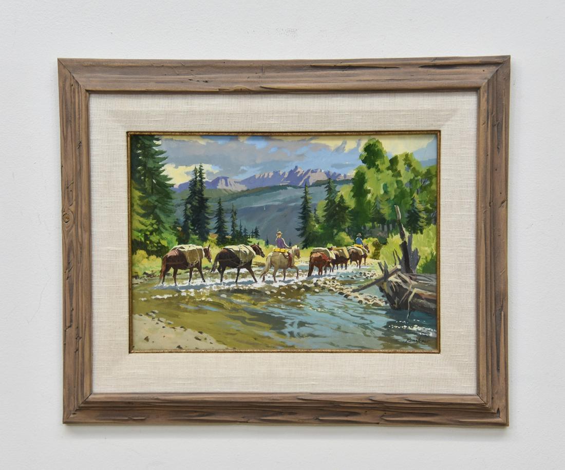 Arthur Renshaw Acrylic Landscape: Arthur Renshaw acrylic on masonite landscape of pack horses, probably Wyoming, mounted in a wood frame 10.25" x 15.75" sight size / 17.5" x 22.75" overall