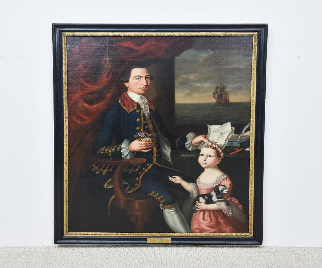 Portrait in the Manner of J.S. Copley: In the manner of John Singleton Copley (American/English, 1738-1815) oil on canvas laid down on masonite, portrait with inscribed plaque 'Peter Turner and Daughter B. 1698 - D. 1771, Artist - John S.