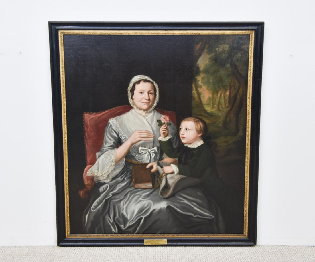 Portrait in the Manner of J.S. Copley: In the manner of John Singleton Copley (American/English, 1738-1815), oil on canvas laid down on masonite, portrait with brass plaque inscribed 'Sally Wally Wife of Peter Turner (and Son) B. 1698 - D.