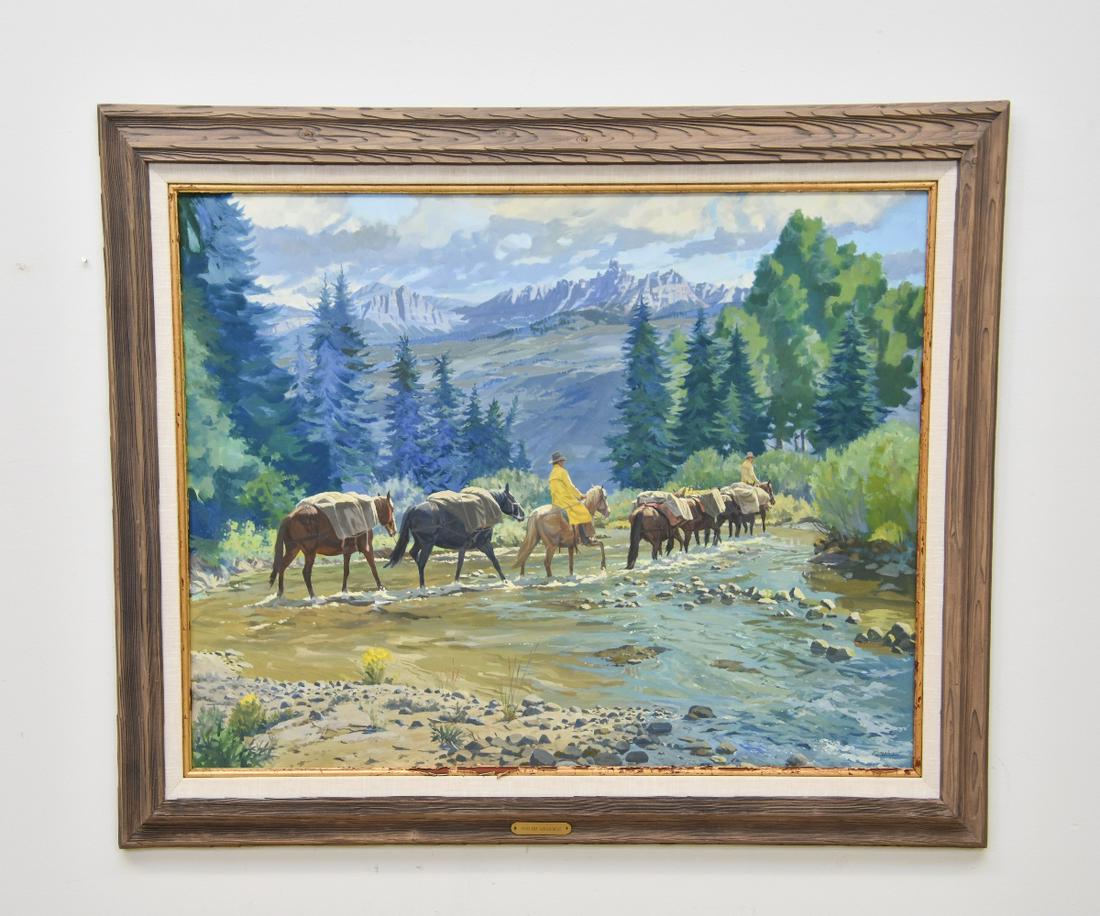 Arthur Renshaw Acrylic Landscape: Arthur Renshaw (American, 20th c.), acrylic on masonite, large landscape titled "Into the Absarokas" probably Wyoming 34" x 47.5" sight size / 43" x 57" overall
