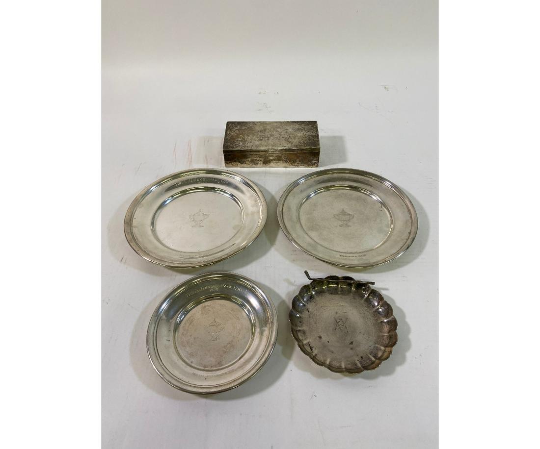 Sterling Silver Grouping: Three sterling silver 'A.J. Drexel Paul Cup' dishes, largest 8.75"dia; together with a golf dish and a box 1.5"h x 7"w / 35 troy oz