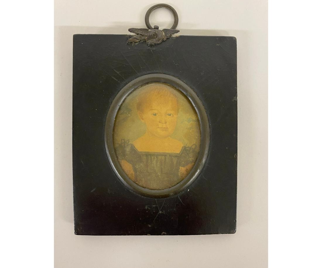 Miniature Portrait: Miniature portrait of L.W. Beck age approximately 18 months dated 1836 mounted in a black frame 2.25" x 1.25" sight size / 4.25" x 3.5" overall