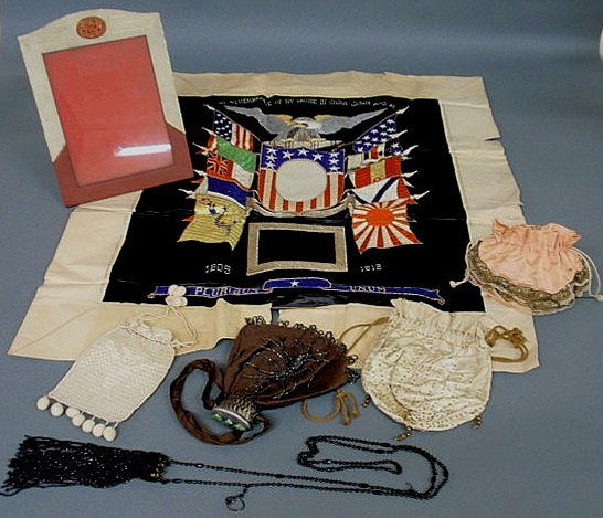Four early Victorian purses, a U.S. sailor's needl: Four early Victorian purses, a U.S. sailor's needlework of his trip to the Orient 23"x21" and a coral decorated frame.