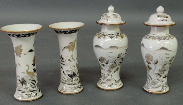 Pair of Chinese porcelain covered urns, 19th c., s: Pair of Chinese porcelain covered urns, 19th c., sepia and gilt decoration 7.5"h., and a matching pair of garnitures 6"h.