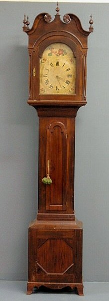 Federal cherry tall case clock, 19th c., with a br: Federal cherry tall case clock, 19th c., with a broken arch bonnet and a thirty-hour movement. 94"h.