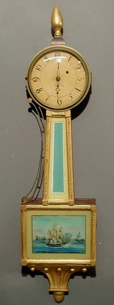 Mahogany presentation banjo clock signed "David Wo: Mahogany presentation banjo clock signed "David Wood, Newburyport, Mass." 41"l.x10"w.