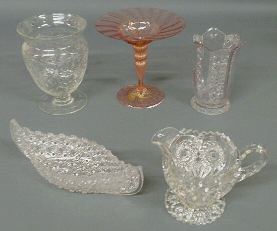 Five pieces of glassware- Murano compote 7.5"h., i: Five pieces of glassware- Murano compote 7.5"h., intaglio cut vase 8"h., pressed glass canoe 11.5"l., etc.