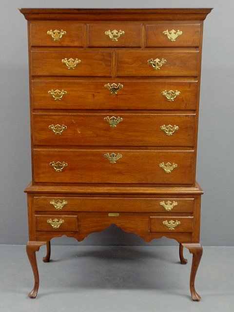 Pennsylvania Queen Anne style two-part walnut high: Pennsylvania Queen Anne style two-part walnut highboy, bench-made with brass plaque "Lelia T. Woodruff & Francis J. Stokes, M-6-26-1912". 69"h.x39"w.x20"d.