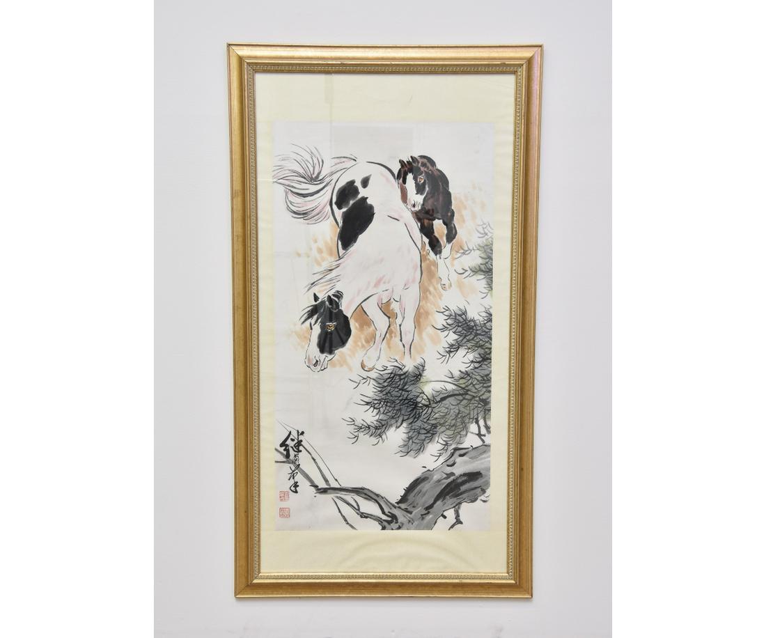 Large Chinese Watercolor of Horses (1 of 3)