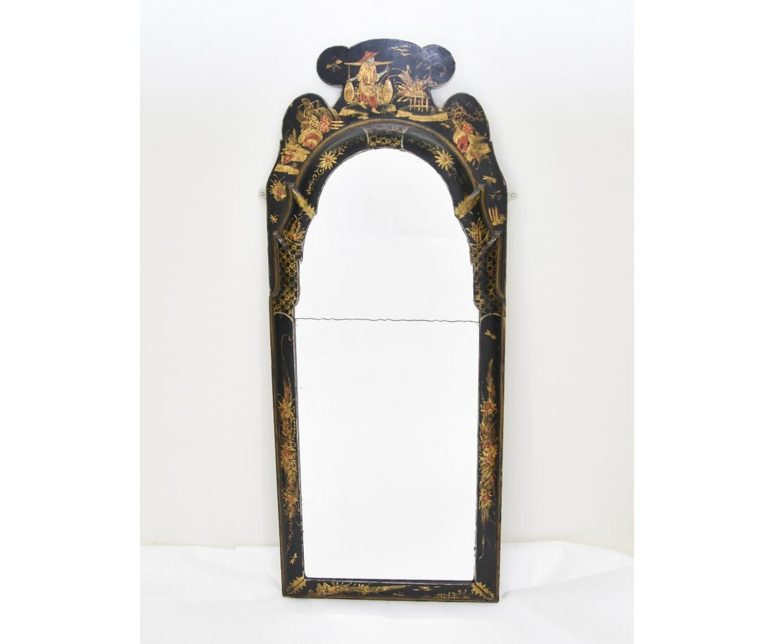Queen Anne Japanned Mirror: Queen Anne Japanned mirror bearing old label ' W. & J. Sloane NY, NY', with usual two-piece glass. 34.25" x 13.75" ss / 44.5" x 17.75" oa