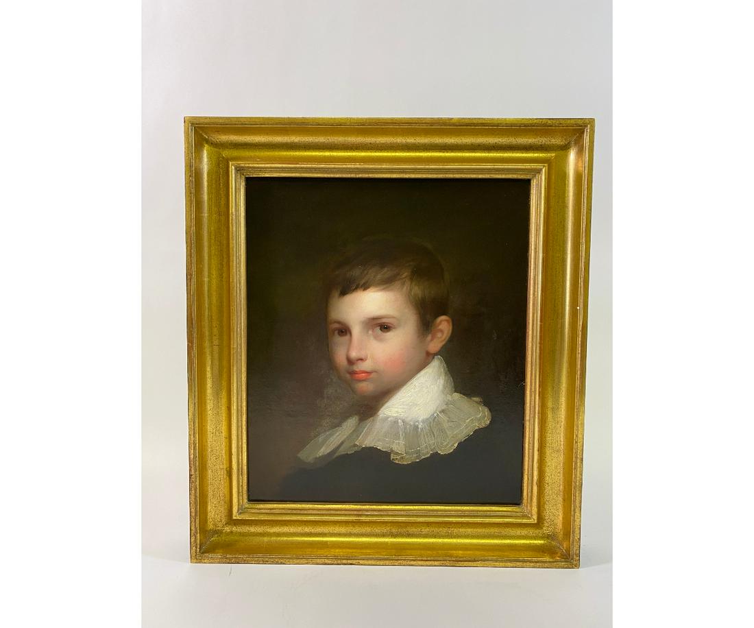 Oil on Canvas Portrait of James Lawrance Heap: Oil on canvas portrait of James Lawrance Heap as a young boy, with family history on verso, unsigned. 16.5" x 14" ss / 21.5" x 19" oa