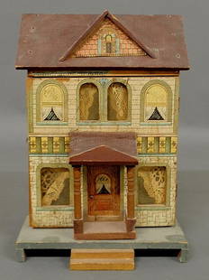 Lithographed dollhouse by R. Bliss Mfg. Co., Pawtu: Lithographed dollhouse by R. Bliss Mfg. Co., Pawtucket, RI 1832-1914. 13"h.x9"w.x6.5"d.