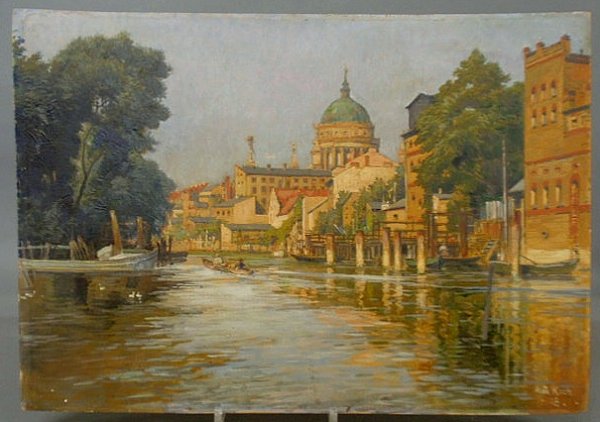 Koch, Max Friedrich [German, 1859-1930] unframed o: Koch, Max Friedrich [German, 1859-1930] unframed oil on artist board of a summer scene on a canal in Venice signed l.r. "Max Koch 18". 13.75"x19.75