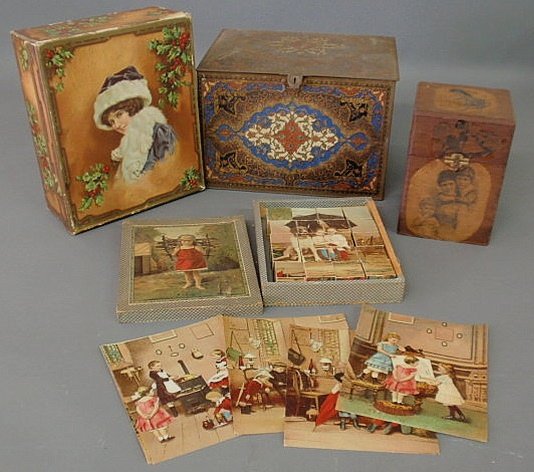 Boxed lithographed puzzle 2.5"h., decorated tin bi: Boxed lithographed puzzle 2.5"h., decorated tin biscuit box 7.5"h.x11.25"w., cigar box 7"h., paper decorated box 4"h.