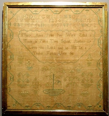 Rare Montgomery Co., PA sampler, silk on linen, wr: Rare Montgomery Co., PA sampler, silk on linen, wrought by Mary Anne Ives… "Made in Potts Town School, August 29…1821". 16.5"x15.25