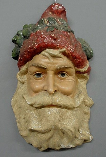 Large molded plaster Santa Claus bust, mid 20th c.: Large molded plaster Santa Claus bust, mid 20th c., with original paint decoration. 23"h.x13"w.