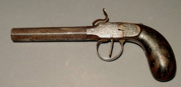 Percussion boot pistol, late 19th c., 45 cal. 8.5: Percussion boot pistol, late 19th c., 45 cal. 8.5"l.