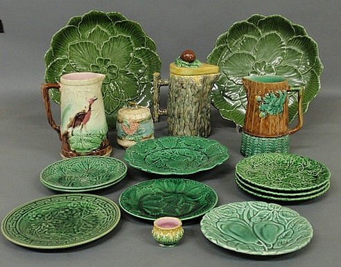 Large group of Majolica and Majolica type tablewar: Large group of Majolica and Majolica type tableware.