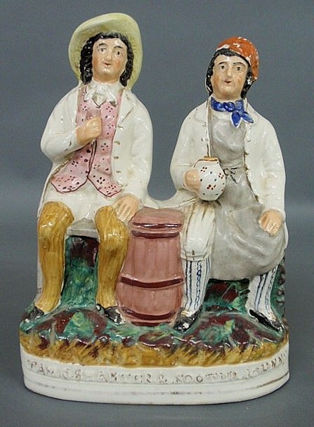 Staffordshire figural group "Tam O'Shanter & Soote: Staffordshire figural group "Tam O'Shanter & Sooter Johnny", c.1860. 13"h.x9"w.