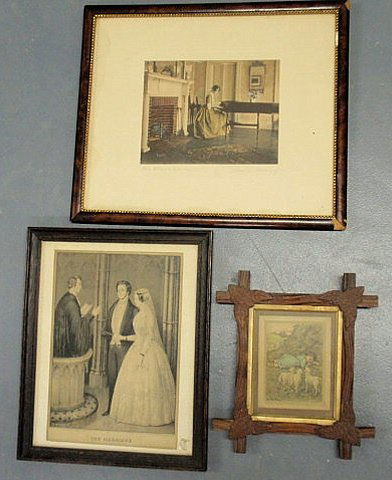 Three prints- framed signed Wallace Nutting "The S: Three prints- framed signed Wallace Nutting "The Spinet…" 13.65"x16.75", "The Marriage" and "Little Boy Blue".