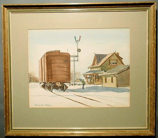 Bye, Ranulph (De Bayeaux) [American, 1916-2003] wa: Bye, Ranulph (De Bayeaux) [American, 1916-2003] watercolor painting with label verso "Southampton Station, PA, Reading Company, January 1964" and signed "Ranulph Bye". 11"x14
