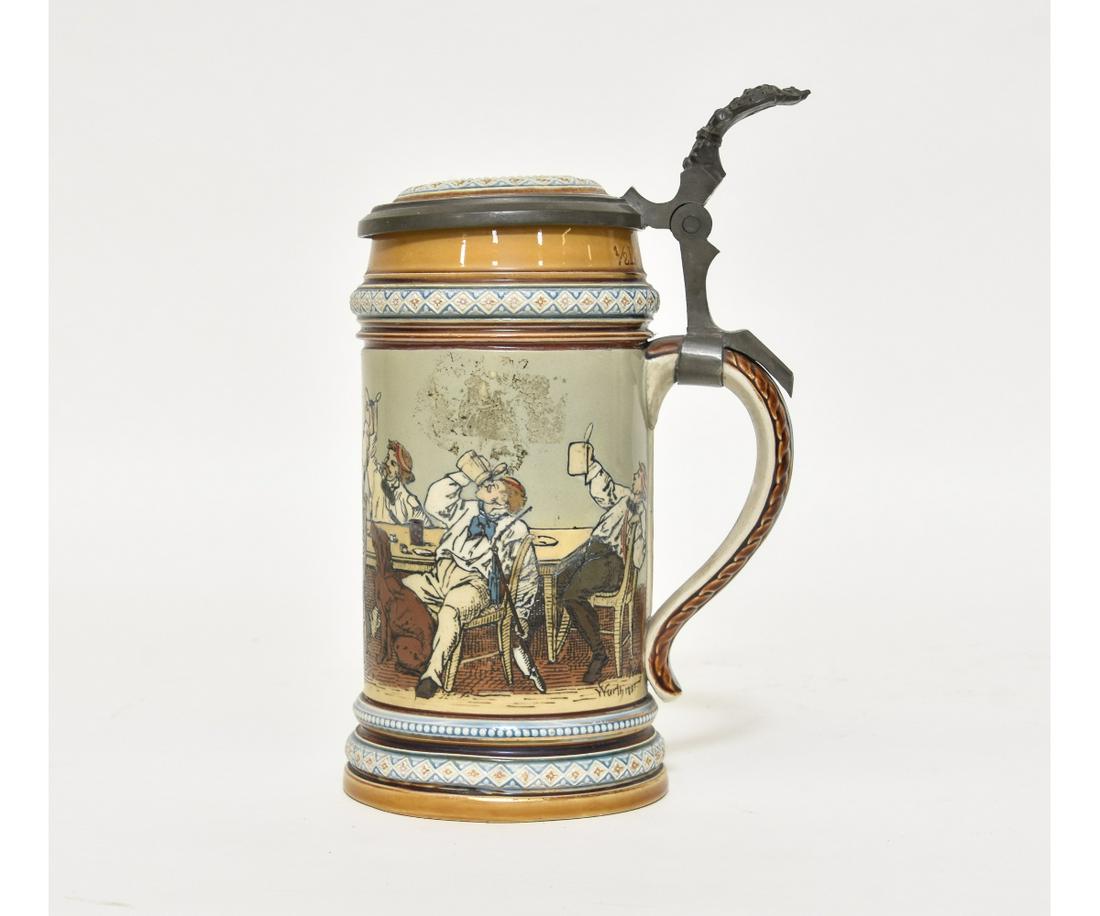Mettlach Stein #1146: Mettlach stein #1146 with figures of beer drinkers, 1/2 litre. 8"h x 4"dia