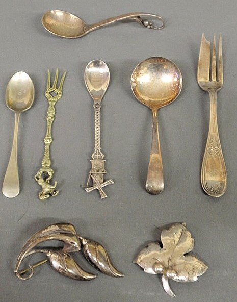 Georg Jensen sterling silver spoon 4.25"l., sterli: Georg Jensen sterling silver spoon 4.25"l., sterling pin, spoons, silverplate sauce ladle, etc.
