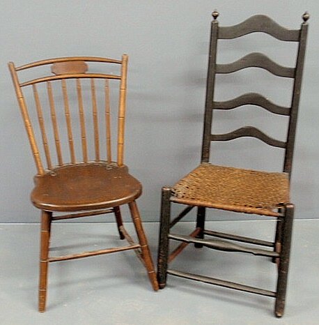 Four-slat ladder-back maple side chair 40"h. and a: Four-slat ladder-back maple side chair 40"h. and a birdcage Windsor side chair.