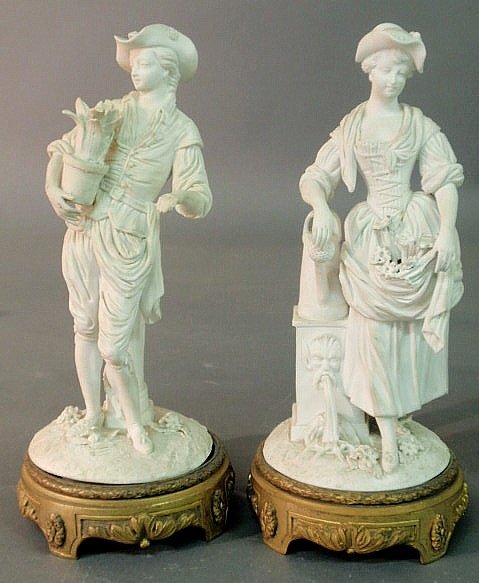 Pair of French Parian ware figures, 19th c., of ga: Pair of French Parian ware figures, 19th c., of gardeners, mounted on gilt metal bases. 9.5"h.