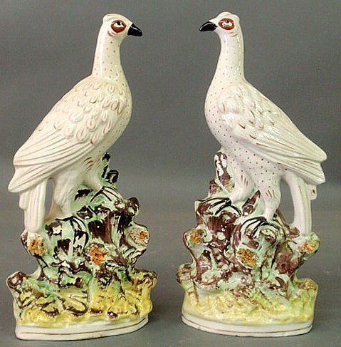 Pair of Staffordshire birds perched on rocks. 13"h: Pair of Staffordshire birds perched on rocks. 13"h.x6"w.