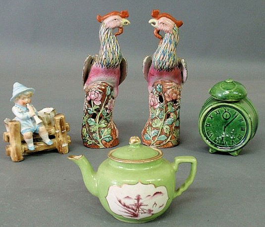 Five pieces of porcelain- two birds marked "China": Five pieces of porcelain- two birds marked "China", 8"h., teapot, green clock bank and figural group match holder.