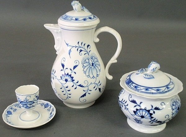 Meissen pitcher 9.5"h., covered sugar bowl 5.25"h.: Meissen pitcher 9.5"h., covered sugar bowl 5.25"h. and an egg cup 2.25"h.
