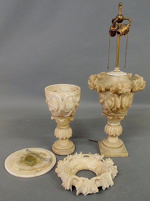 Large carved alabaster lamp 29.5” to top and anoth: Large carved alabaster lamp 29.5” to top and another example disassembled, as found.