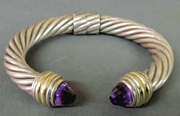 David Yurman sterling silver (925), 14k gold ameth: David Yurman sterling silver (925), 14k gold amethyst hinged cuff bracelet.