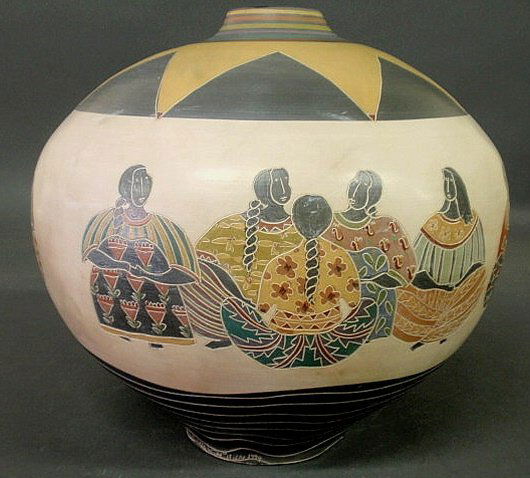 Earthenware pottery jar signed "Melissa Leslie Gre: Earthenware pottery jar signed "Melissa Leslie Greene 1994", Maine, decorated with seated figures and titled "Talking by the River". 15"h.x15"w.