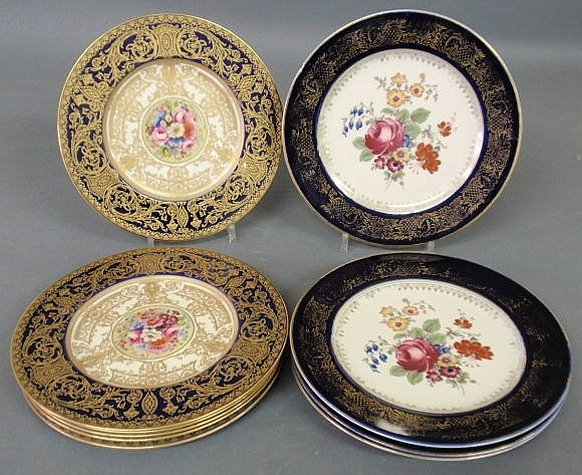 Six Royal Worcester floral and gilt decorated serv: Six Royal Worcester floral and gilt decorated service plates with blue borders 10.5"dia. and four Rosenthal plates with floral centers 10.75"dia.