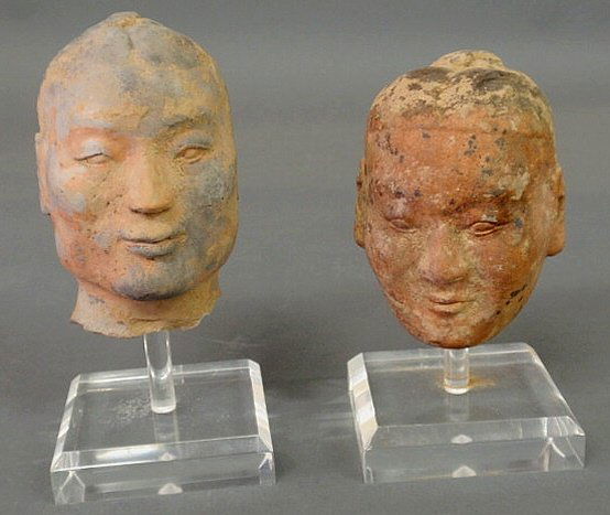 Two Chinese Han Dynasty stickman earthenware potte: Two Chinese Han Dynasty stickman earthenware pottery figural busts, each approx. 5"h.