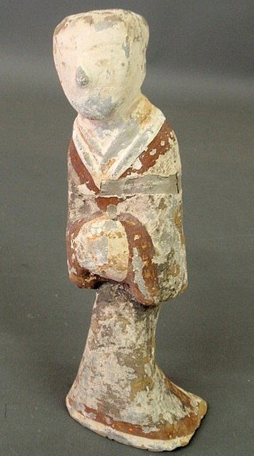 Early Chinese earthenware pottery figure of a woma: Early Chinese earthenware pottery figure of a woman. 12"h.