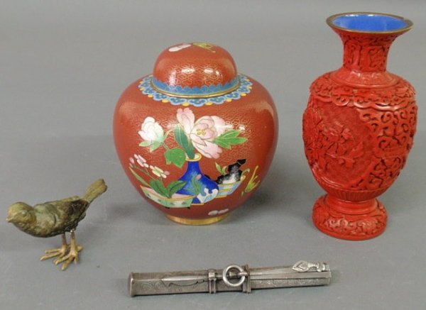 Red cloisonné ginger jar 6.5"h., cinnabar vase 7"h: Red cloisonné ginger jar 6.5"h., cinnabar vase 7"h., bronze-type bird, cased knife.